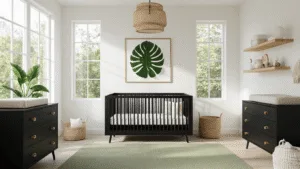 Moderne zwarte kinderkamer met jungle-thema, matte zwarte meubels, natuurlijk ochtendlicht, witte muren, zwarte wieg en ladekast met gouden accenten, beige-groene vloerbedekking, monstera blad kunst, rotan hanglamp, zwevende houten planken met witte accessoires, minimalistisch Scandinavisch ontwerp.
