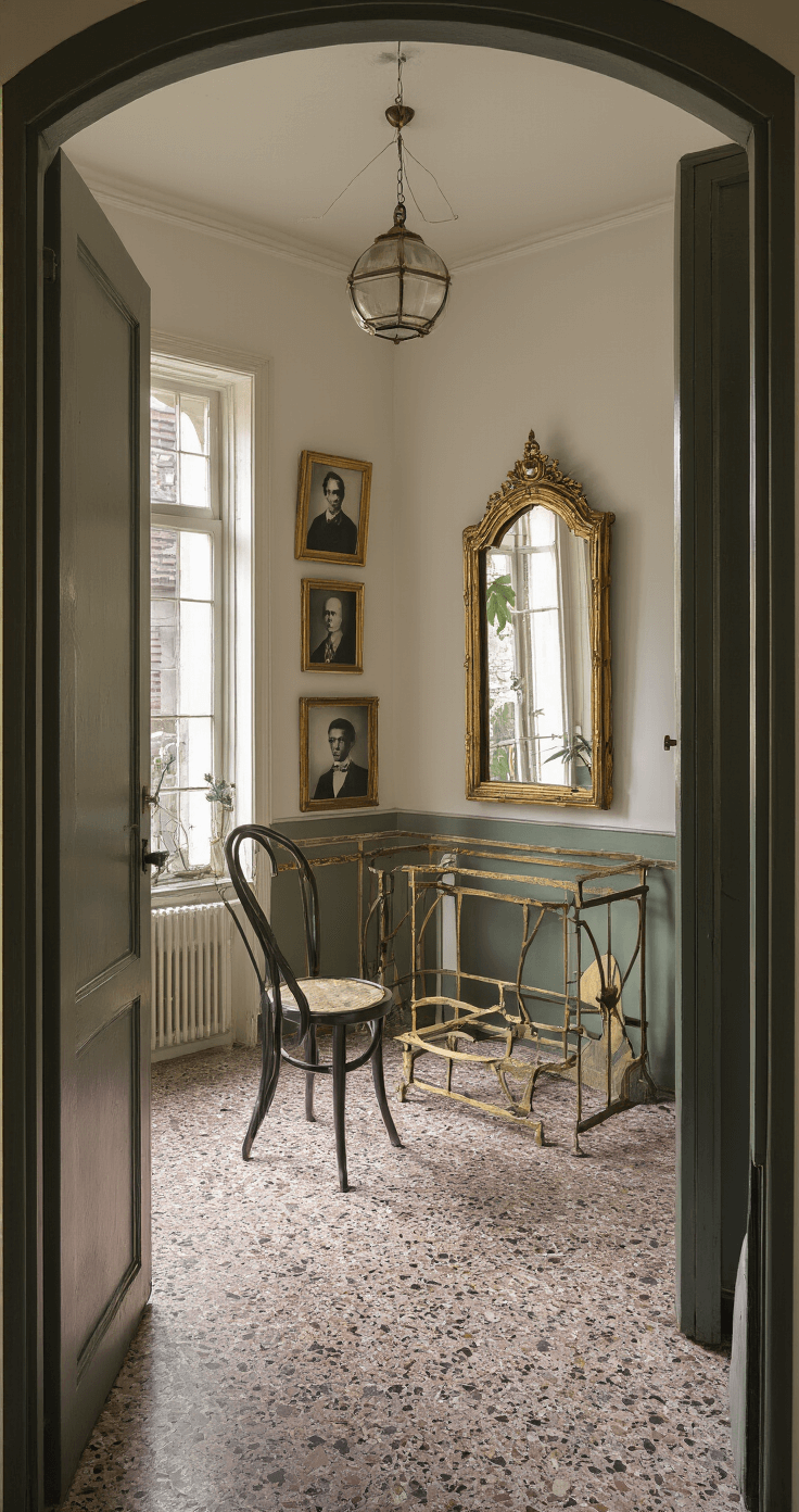 Hal met terrazzo vloer in grijs/roze, een art deco kapstok in messing, vintage Thonet stoeltje en een antieke staande spiegel. De gallery wall toont zwart-wit portretten in gouden lijsten. Een Marokkaanse lantaarn werpt patronen in het daglicht dat via het bovenlicht binnenvalt, alles in een symmetrisch perspectief.
