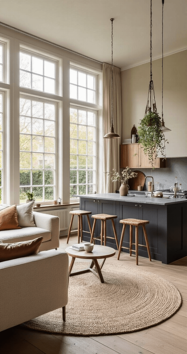 Een ruime open keuken-woonkamer met een matzwart kookeiland, omringd door eiken barkrukken, en een moderne zithoek met een beige linnen bank en cognackleurige leren fauteuils. Grote raampartijen laten warm ochtendlicht binnen, met planten in terracotta potten bij de ramen.