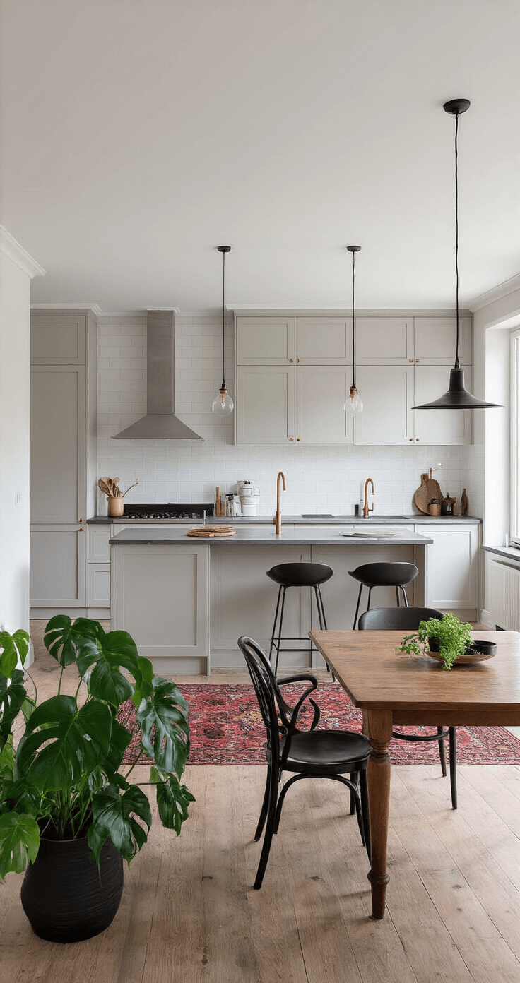 Halfopen keuken met bargedeelte in middaglicht, voorzien van roomwitte keukenkasten met bronzen handgrepen, een glazen schuifwand, een beton-look vloer, een vintage Perzisch tapijt onder een eikenhouten eettafel met zwarte stoelen, en een Monstera deliciosa in een zwarte designpot.