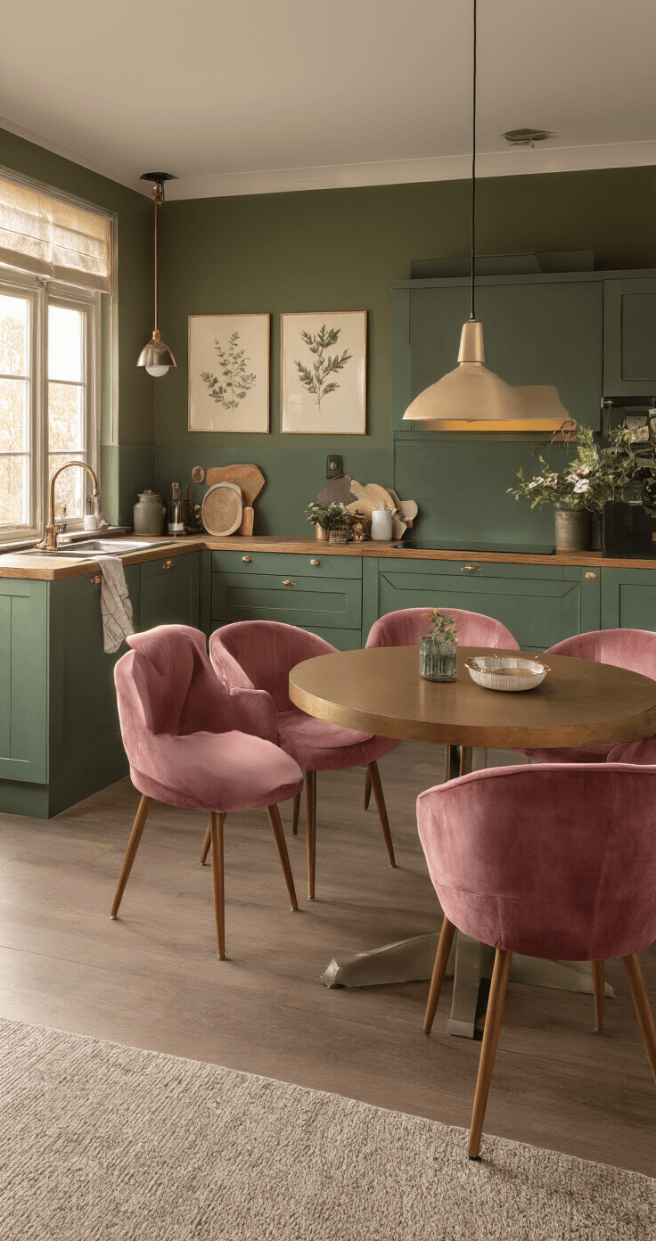 Compacte open woonkeuken van 35m² in golden hour met diepgroene L-vormige keuken, messing details, slimme wandopberging, ronde notenhouten eettafel met oudroze fluwelen stoelen, dimbare spots en een statement hanglamp, botanische prints aan de muur en een warme avondzon die door de ramen schijnt, vanuit een hoek richting de eethoek.