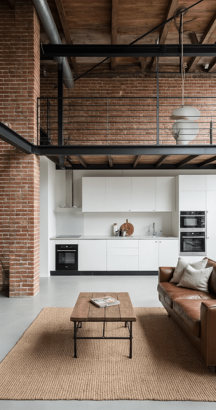 Moderne loftkeuken met industriële elementen, originele bakstenen muur en hoog plafond. Minimalistisch wit keukenblok, zwarte stalen kozijnen, vintage leren bank en jute vloerkleed. Dramatisch strijklicht zorgt voor een sfeer van urban sophistication.