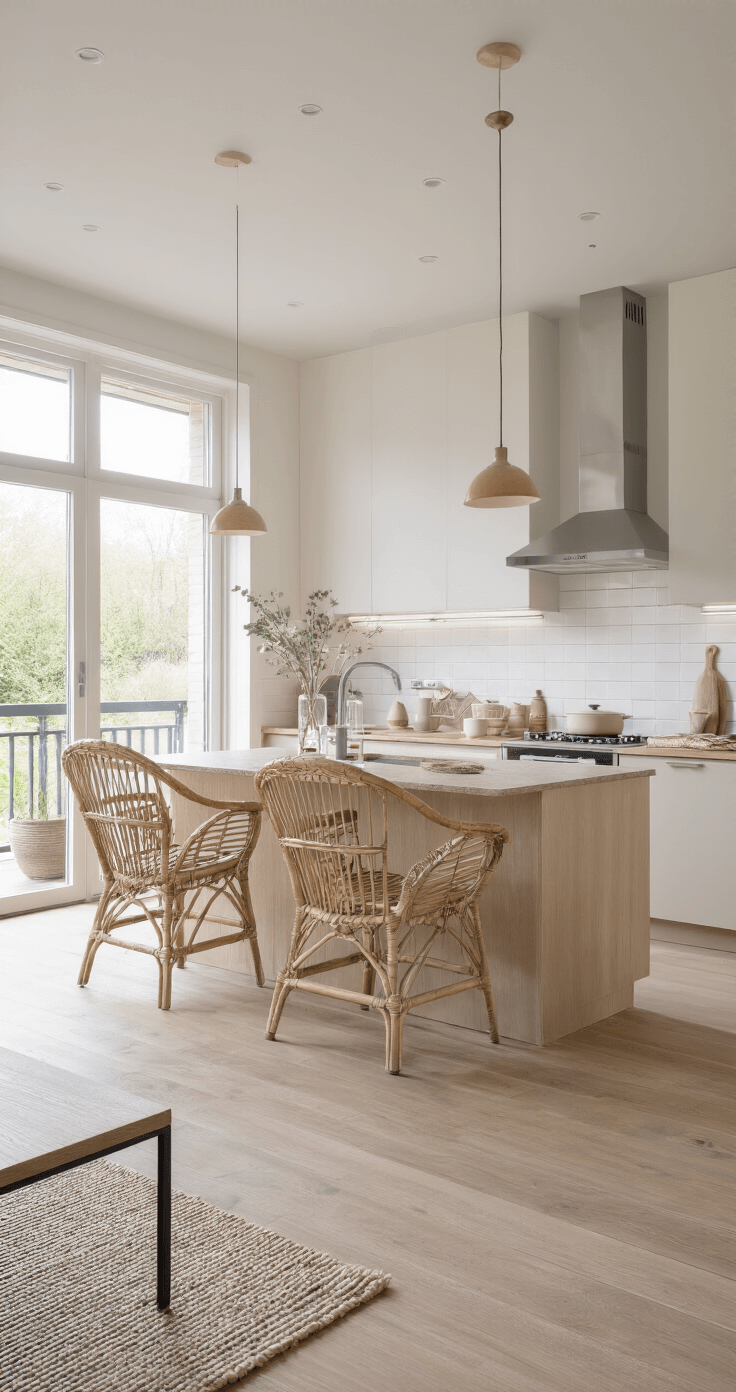 Scandinavische open woonkeuken met lichte eikenhouten vloer en witte wanden, voorzien van inbouwspots. Keukeneiland met terrazzo werkblad en rotan hangstoel bij panoramaraam, ingericht met zachte textielen in beige en grijs en handgemaakte keramiek op open planken. Opgenomen vanuit de eethoek in diffuus natuurlijk licht.