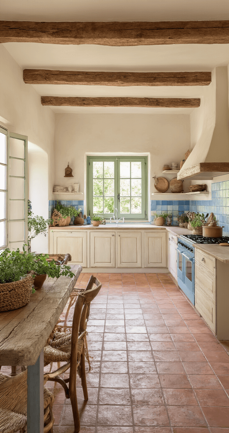 Rustieke Provençaalse open keuken van 55m² met terracotta tegelvloer en gewelfde plafonds, crèmewitte kasten met blauwe accenten, olijfgroene shutters, rieten manden en verse kruiden in terracotta potten, authentieke houten eettafel met verschillende stoelen, verlicht door warm middaglicht.