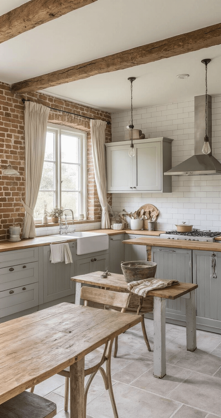 Moderne boerderij-stijl keuken bij zonsondergang met scherp licht, oude bakstenen muur, zachtgrijze landelijke keuken, butcher's block, robuuste wagenhouten eettafel, linnen gordijnen in naturel, vintage emaille accessoires en gietijzeren radiators.