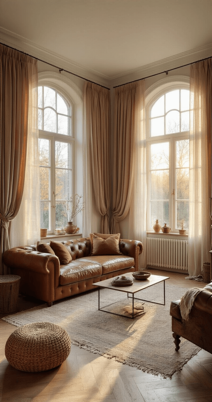 Ruime woonkamer met hoge plafonds, gefotografeerd tijdens golden hour. Fluwelen gordijnen in warm taupe vallen elegant van plafond tot vloer. In het midden staat een cognackleurige leren bank, omringd door vintage koperen accessoires. Warm zonlicht filtert door de gordijnen, wat een uitnodigende en luxueuze sfeer creëert.