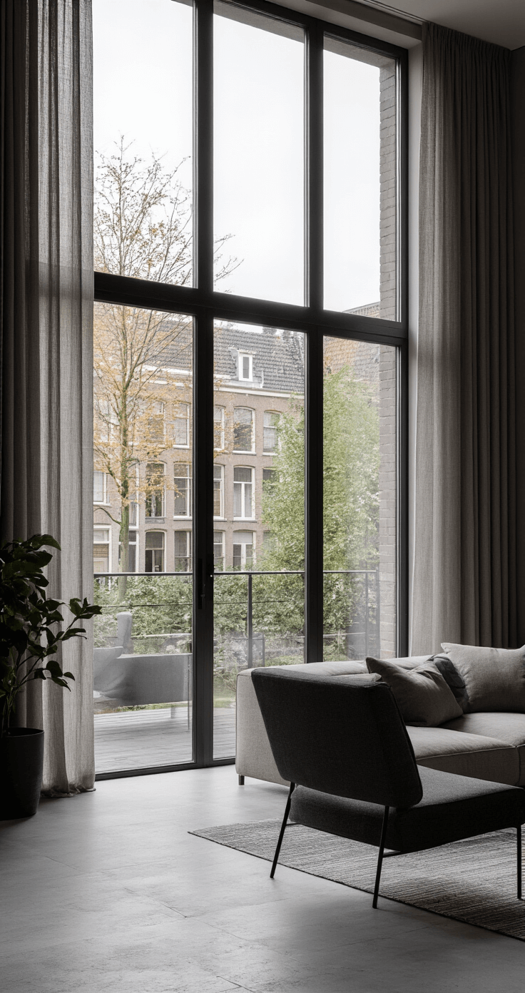 Moderne woonkamer met industriële elementen, grote raampartij met grijze linnen gordijnen, betonnen vloer en zwarte stalen kozijnen. Minimalistisch Scandinavisch meubilair en ochtendlicht dat binnenvalt, accentueert textuurcontrast en urban sophistication.