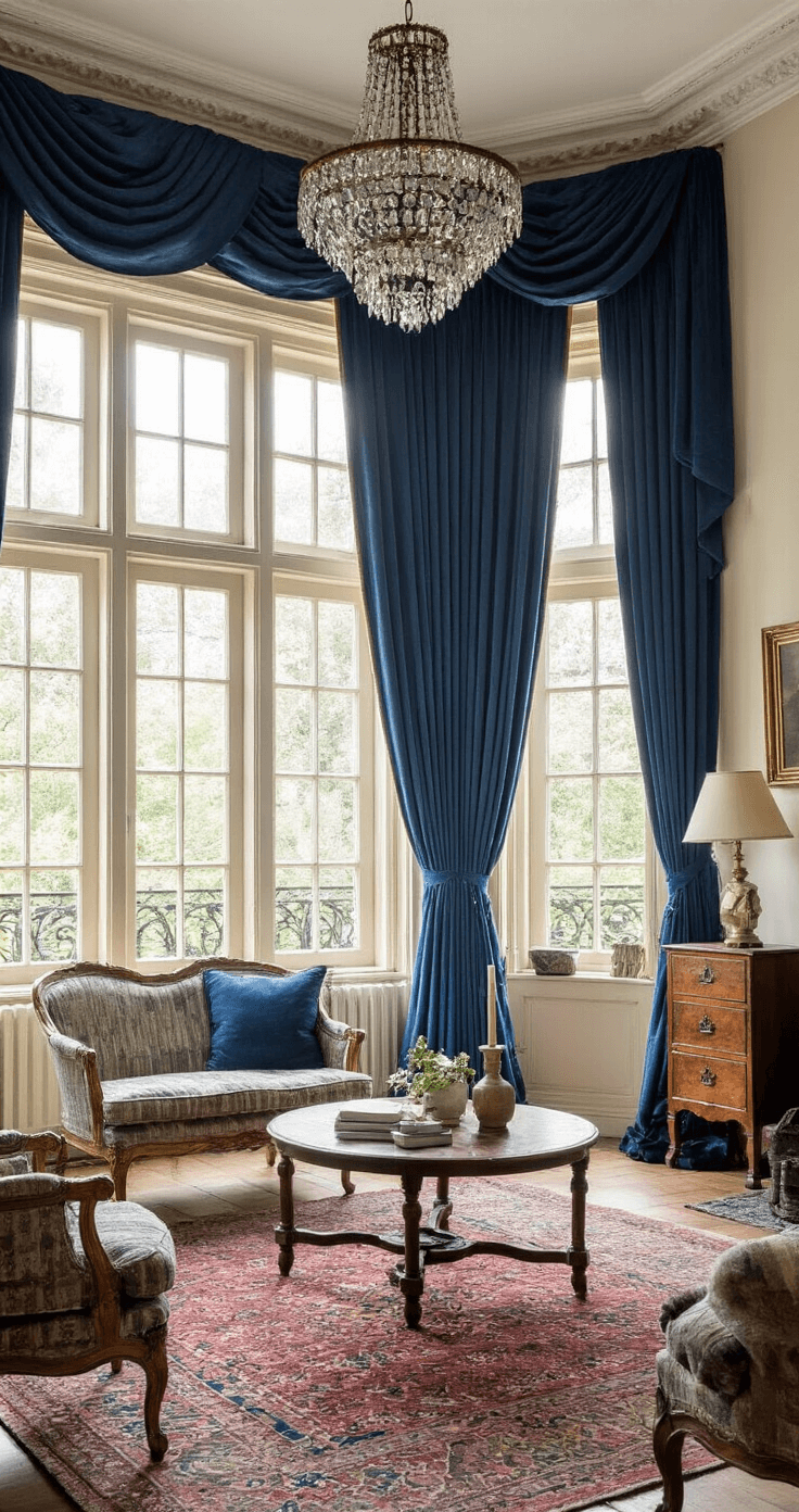 Klassieke jaren '30 woonkamer met erker, late namiddag; zware koninklijk blauwe velours gordijnen, hoge ramen, messing roedes, kristallen kroonluchter, antieke mahonie meubels, sfeervolle elegantie.