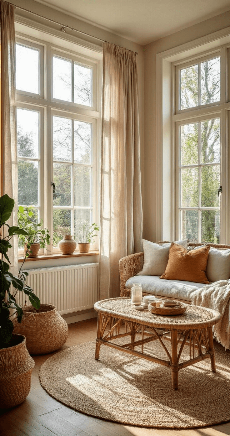 Zonnige hoekwoonkamer met dubbele raampartij, naturel linnen gordijnen, eikenhouten vloer en bohemian meubelmix van rotan en natuurlijke materialen, gefotografeerd vanuit laag standpunt.
