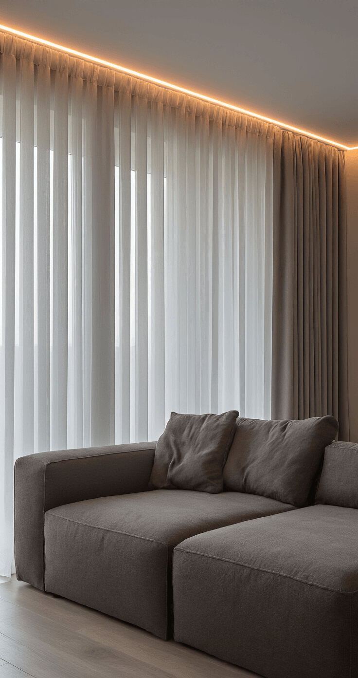 Een moderne appartement woonkamer tijdens de schemering met zachtgrijze wave-plooi gordijnen van plafond tot vloer, verlicht door LED-strips achter de gordijnrail. Op de voorgrond staat een antracietkleurige modulaire loungebank. Sfeer: urban chic en contemplatief.