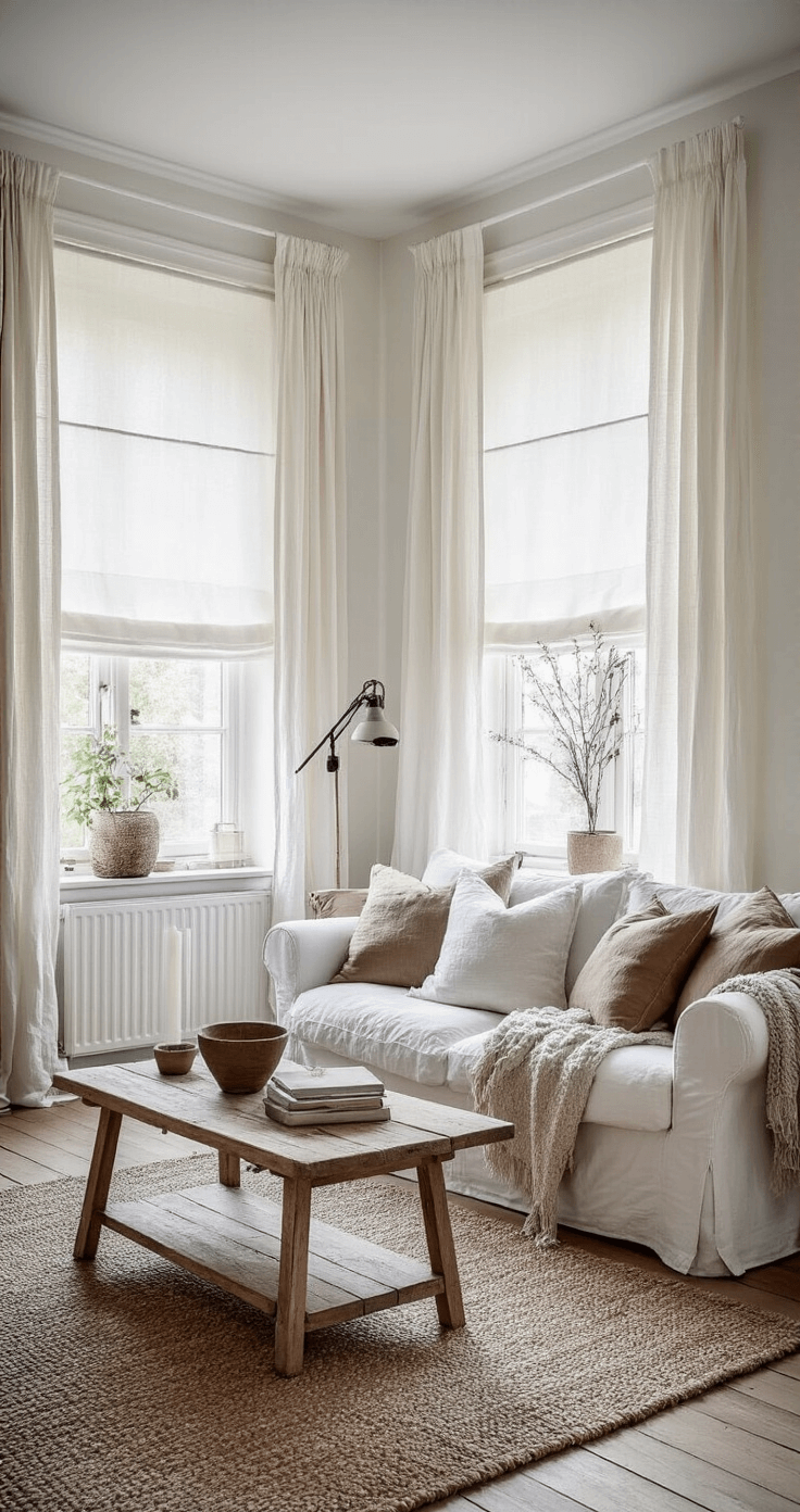 Landelijke woonkamer met balkenplafond, roomwitte katoenen gordijnen en jute embrasses. Robuuste houten meubels met linnen stoffering vangen de ochtendzon, met een rustiek comfortabele sfeer.