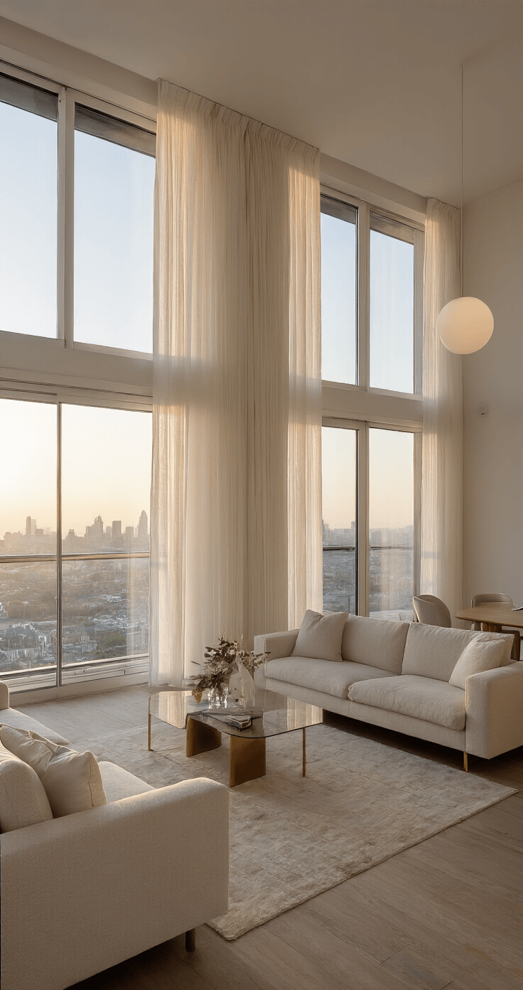 Penthouse woonkamer bij zonsondergang met vloer-tot-plafond zijden gordijnen in champagnekleur, subtiele sheer layer en panoramaramen met stadszicht. Modern luxe meubilair in crème en goud creëert een kosmopolitische, verfijnde sfeer.