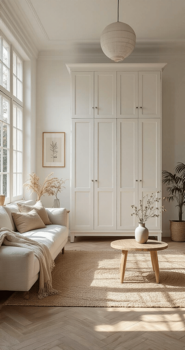 Een ruime, lichte woonkamer met hoge plafonds, voorzien van een moderne witte wandkast en zorgvuldig geplaatste objecten in beige-wit kleurenpalet, verlicht door zonlicht dat door grote ramen valt.