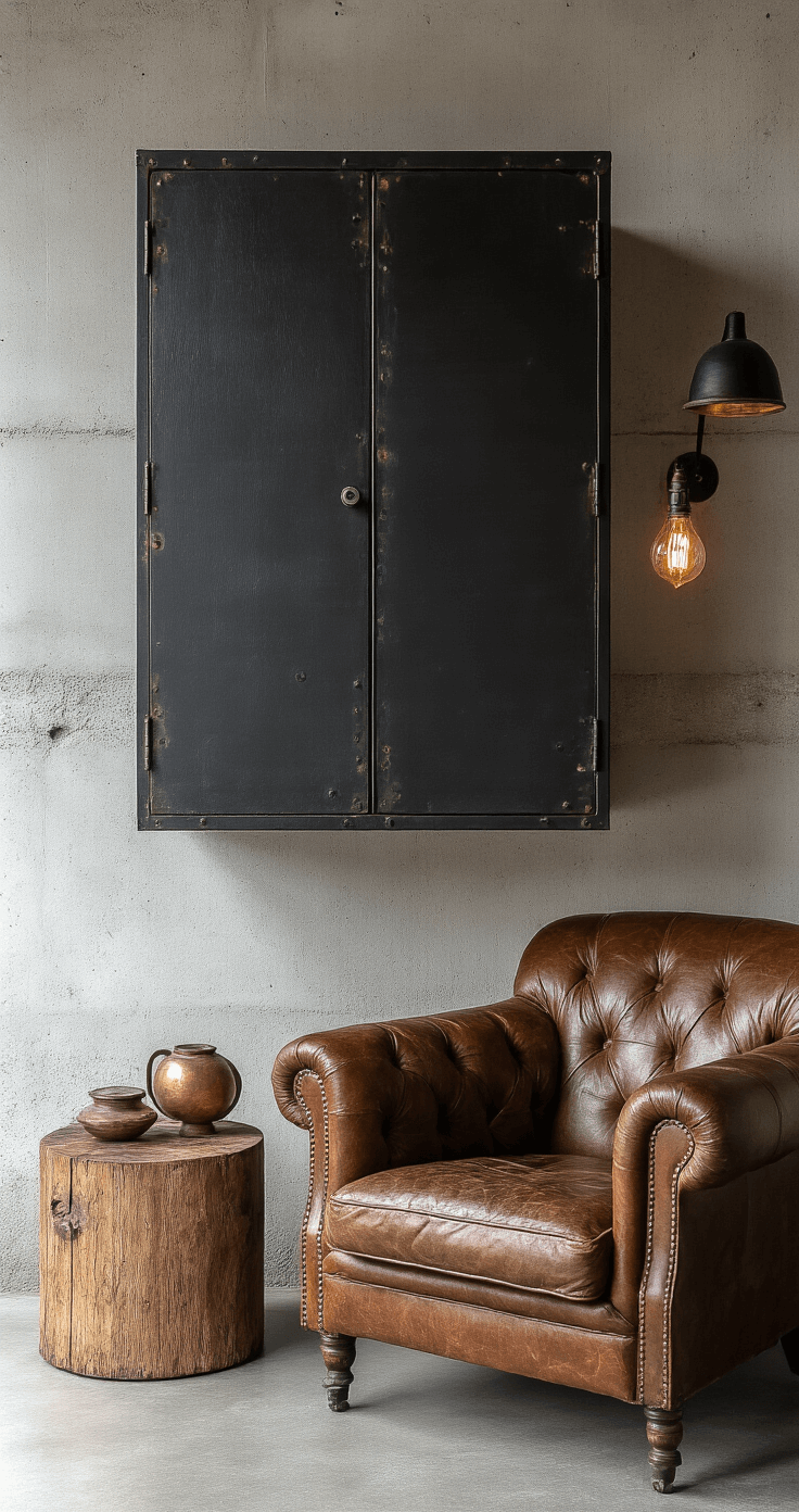 Intieme industriële woonkamer bij schemering met een zwart metalen wandkast en eiken planken boven een vintage leren fauteuil, verlicht door warme spotverlichting die koper en messing accentueert, tegen een ruwe betonnen muur.