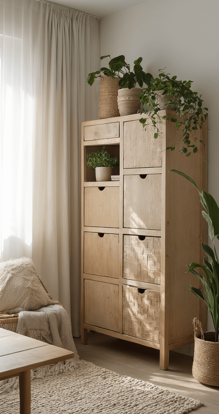 Scandinavische woonruimte in ochtendlicht met lichte berkenhouten wandkast gevuld met keramiek en planten, linnen gordijnen en rotan accessoires.