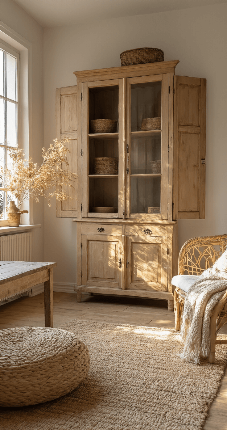 Landelijke woonkamer met roomwitte wandkast van gerecycled hout, antieke kruiken en droogbloemen, verlicht door warme zonnestralen door klein glas-in-lood raam.