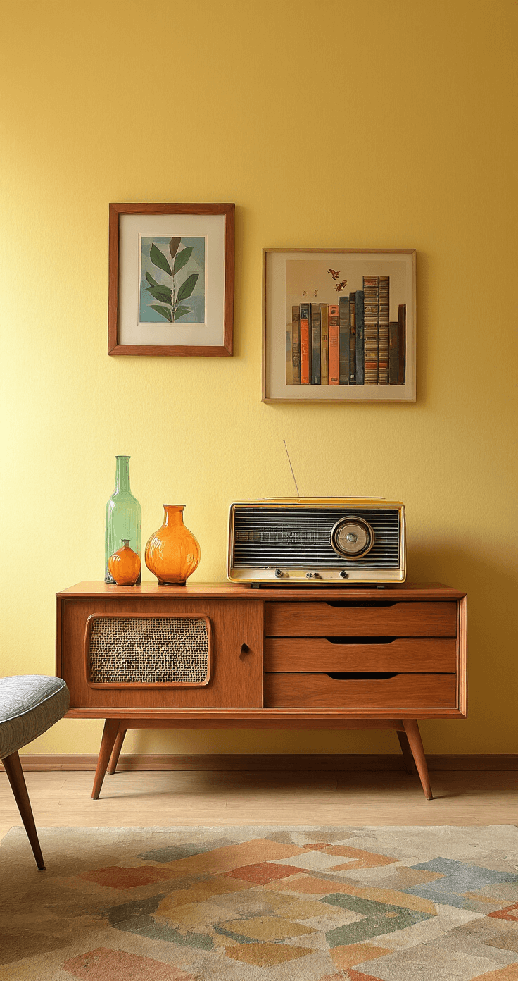 Retro jaren '60 woonkamer met teakhouten wandsysteem en schuifdeuren, versierd met vintage radio's, kleurrijk glaswerk en oude boeken, op een okergele muur, in symmetrische compositie met een onderbelichte vintage sfeer.
