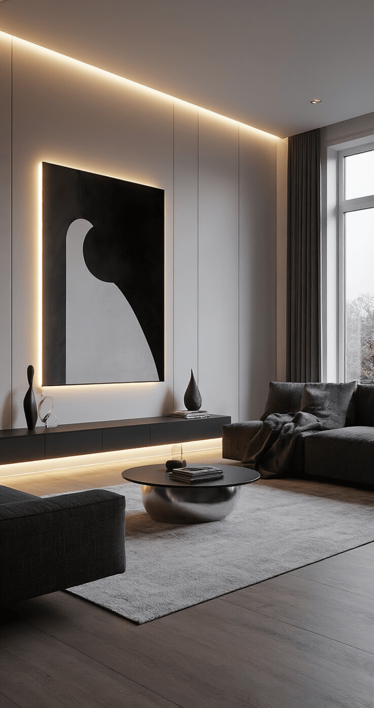 Moderne luxe woonkamer in de avondschemer, met een zwevende wandkast in hoogglans wit en LED-verlichting, minimalistische styling en zwart-wit kunstfotografie, voorzien van indirecte wandverlichting voor een sfeervolle ambiance.