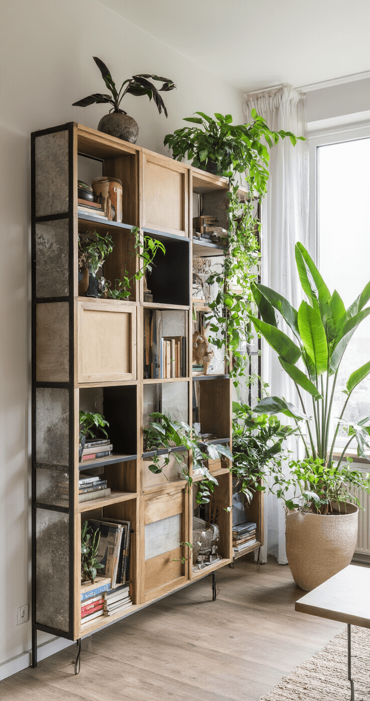 Eclectische woonruimte met een modulaire wandkast van gemengde materialen, gevuld met kunstboeken en tropische planten, verlicht door de middagzon en met accentkleuren in diepe juweeltinten.