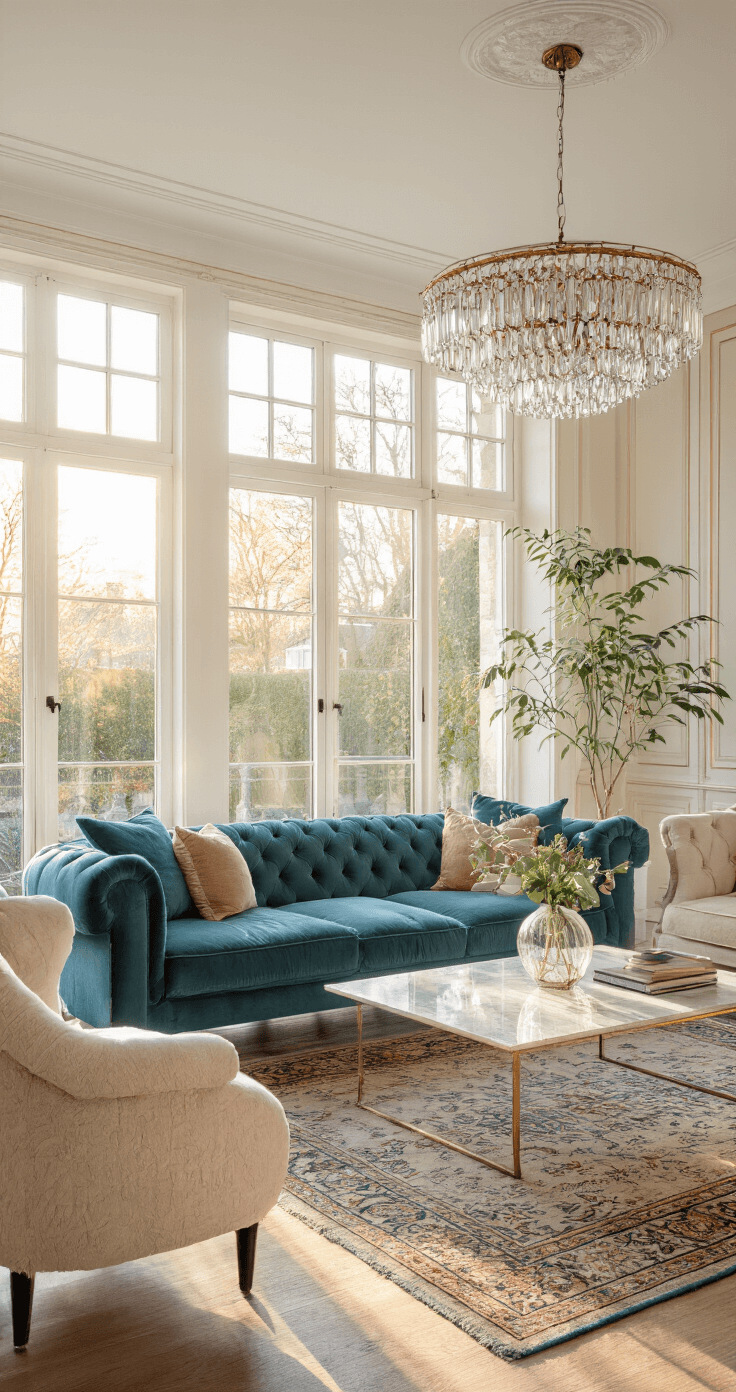 Een ruime woonkamer met hoge plafonds, verlichte petrolblauwe bank, marmeren salontafel, créme bouclé fauteuil, en een kroonluchter in gouden licht tijdens het gouden uur.