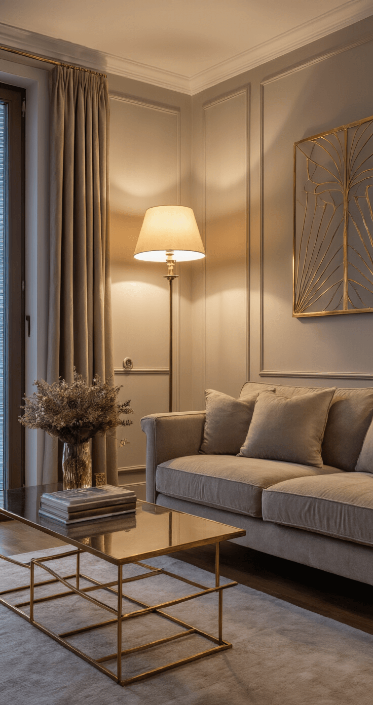 Intieme luxe woonkamer met dimbare wandlampen, bronze vloerlamp, taupe fluwelen leeshoek, messing bijzettafel, duifgrijze velours gordijnen en Art deco wandkunst in goud-lijst, gefotografeerd vanuit lage hoek.