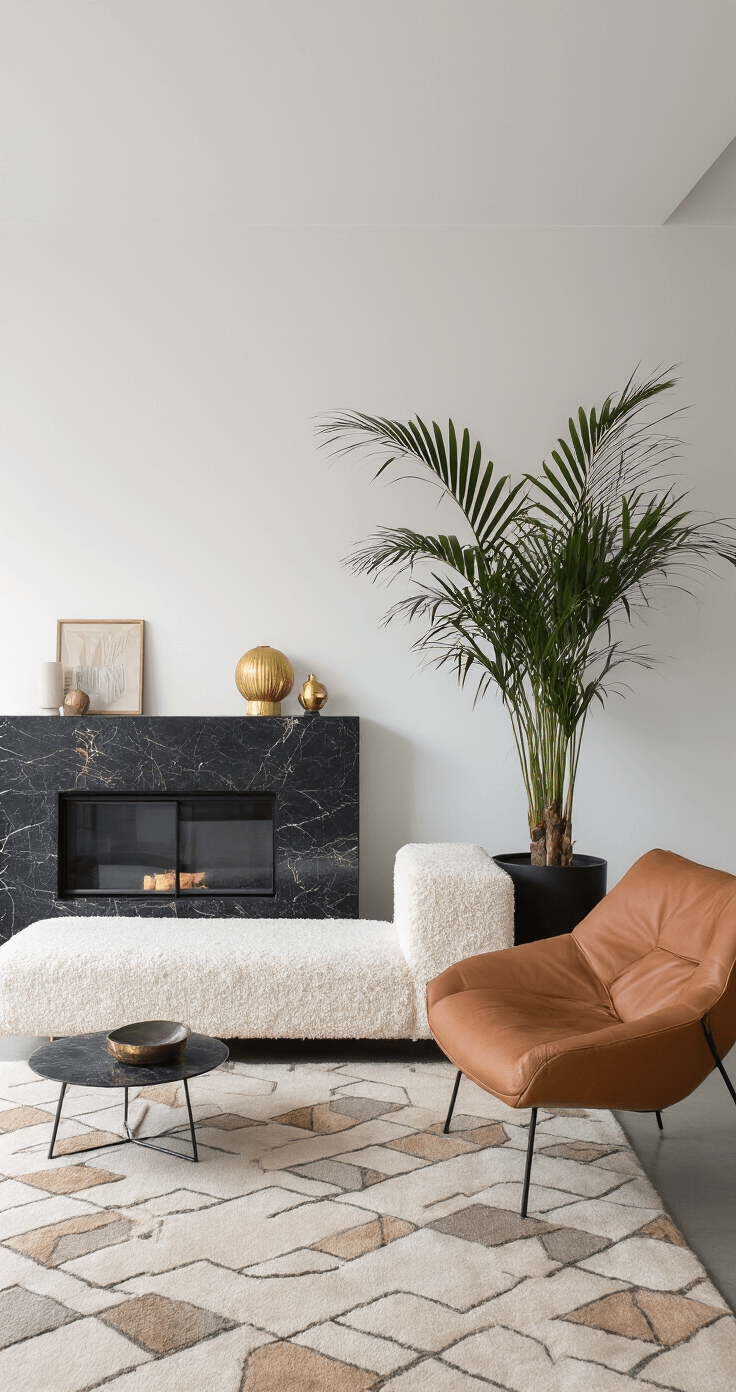 Moderne woonkamer in ochtendlicht met witte bouclé hoekbank, zwart marmer schouw, geometrisch vloerkleed in beige/grijs, gouden accessoires, cognac leren fauteuil en palmplant in matzwarte pot.