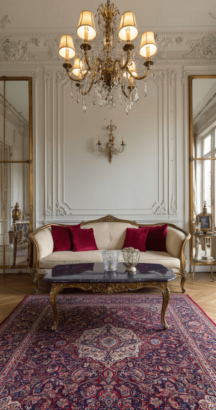 Klassieke woonkamer tijdens het blauwe uurtje met een kroonluchter die weerkaatst in antieke spiegels, bordeauxrode zijden kussens op een champagne-kleurige bank, en messing details op een zwart marmeren salontafel, alles verlicht door warme avondlichtspots.