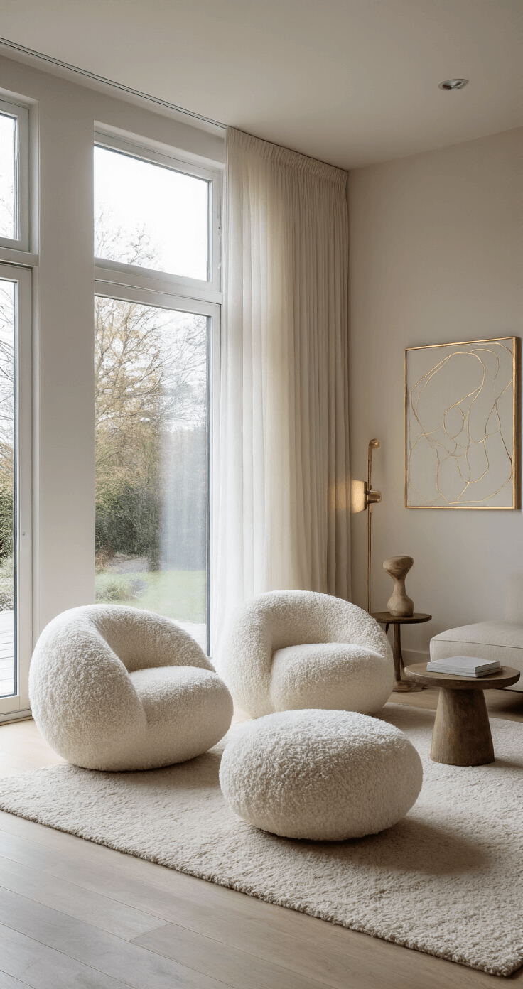 Minimalistische luxe woonkamer met hoge ramen, sheer linnen gordijnen, roomwitte bouclé fauteuils, een zwevende marmeren wandplank en abstracte kunst in gouden lijsten, verlicht met gelaagde inbouwspots.