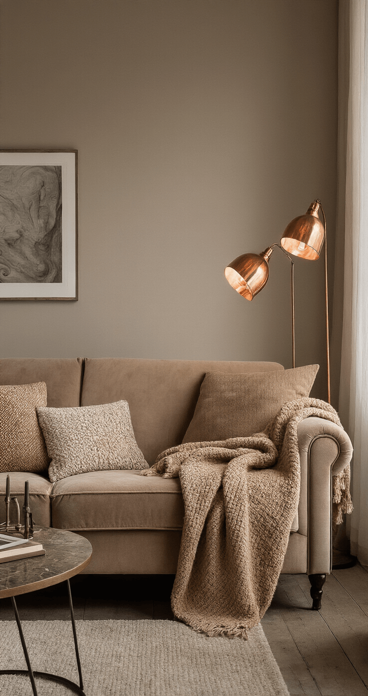 Warme winteravond setting met een taupe fluwelen XXL-bank, camelkleurige plaids, koperen vloerlampen voor een intieme sfeer, een donker eiken salontafel met marmeren inleg, en gestapelde kunst aan de muur.