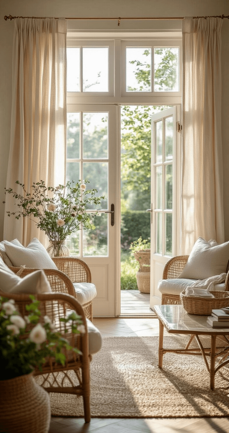 Zomerse woonkamer met linnen gordijnen, open Franse deuren naar terras, lichte fauteuils, glazen salontafel met gouden frame, en natuurlijke materialen. Frisse morgenlicht en bloemen vullen de ruimte.