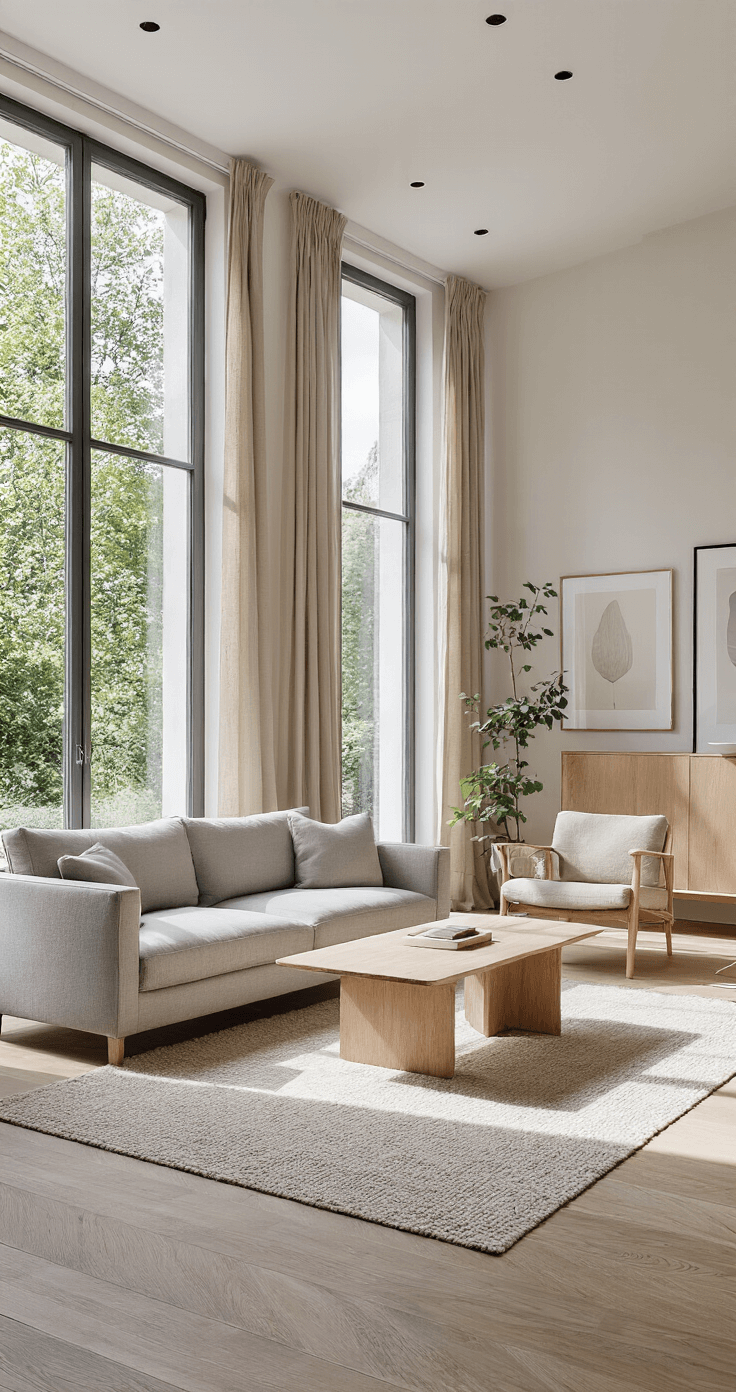 Moderne Scandinavische woonkamer met hoge plafonds, een lichtgrijze 3-zits bank op een hoogpolig vloerkleed, beige muren met zwarte accenten, en natuurlijke materialen zoals een eiken salontafel en linnen gordijnen.