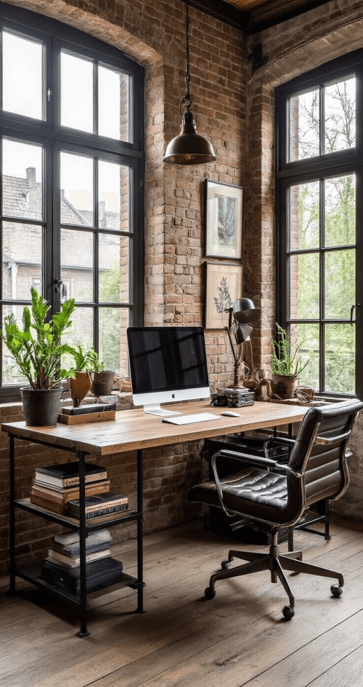 Industrieel luxe thuiskantoor met bakstenen accentmuur, stalen kozijnen en namiddaglicht. Een massief eiken bureau en zwartleren Herman Miller bureaustoel, vintage wandlampen en botanische prints. Open metalen stellingkast met designboeken.