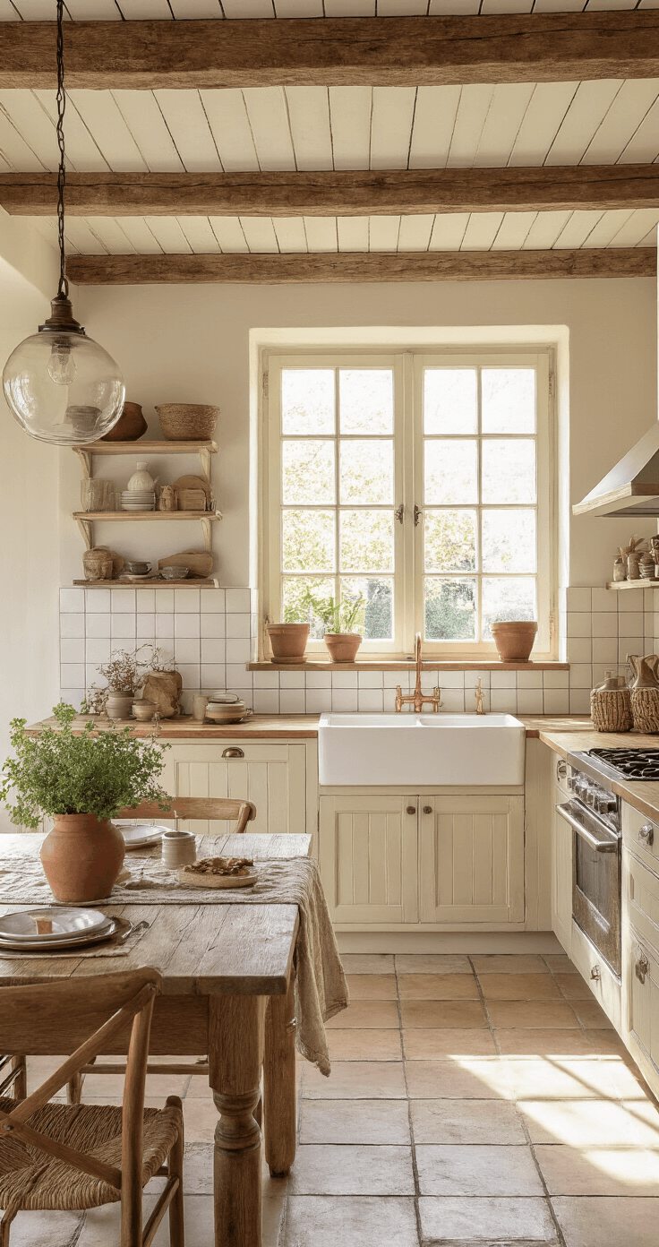 Rustieke landelijke keuken met authentieke balkenplafond, crème keukenfronten, terrazzo werkblad en vintage eikenhouten eettafel. Zeer sfeervol met warm middaglicht en handgeblazen glazen hanglamp.