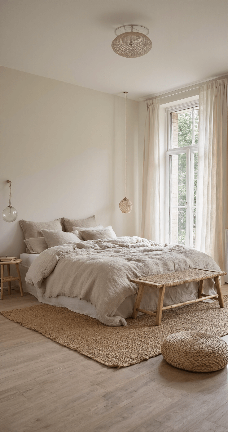 Minimalistische slaapkamer in zachte aardetinten met kingsize bed, linnen beddengoed, en linnen gordijnen die ochtendzon filteren. Zwevende nachtkastjes en mondgeblazen glazen pendels creëren een dromerige sfeer.