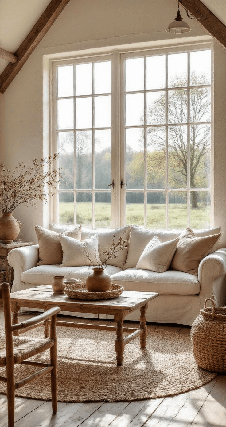 Ruime landelijke woonkamer met grote stalramen, natuurstenen vloer en verweerd eiken meubels. Een diepbeige linnen bank met crèmekleurige kussens staat centraal, omringd door aardetint accessoires, rieten manden en oude koperen vazen. De ruimte wordt verlicht door warm, natuurlijk licht tijdens het gouden uurtje.