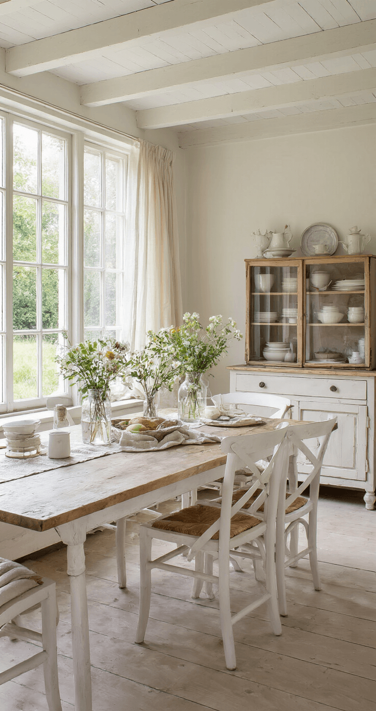 Gezellige eethoek met robuuste eettafel en witte stoelen, verlicht door ochtendlicht, met linnen gordijnen en verse veldbloemen in een emaillen kan.
