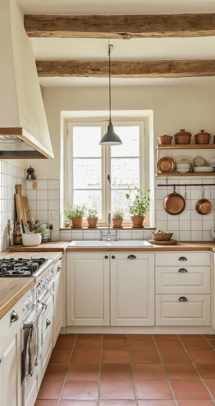 Landelijke keuken met roomwitte kastfronten, betonnen werkblad en terracotta tegelvloer, verlicht door middaglicht. Koperen pannen hangen aan een wandrek en kruidenplantjes staan in terracotta potten. Een authentieke schouw met oude balken voegt karakter toe. Symmetrische compositie vanuit een hoek benadrukt de dieptewerking en de warme, authentieke sfeer.