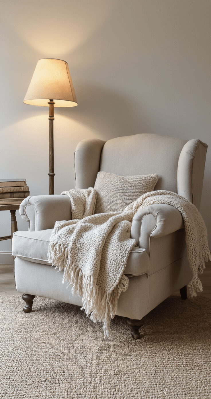 Intieme leeshoek met een grote vergrijsde linnen fauteuil, een wollig plaid, een oude staande lamp en een verweerde boekenkast. Een vintage kruk fungeert als bijzettafel, terwijl een zacht tapijt in natureltinten de serene sfeer aanvult. Warme spotverlichting zorgt voor een knus en persoonlijk gevoel in de avondschemer.