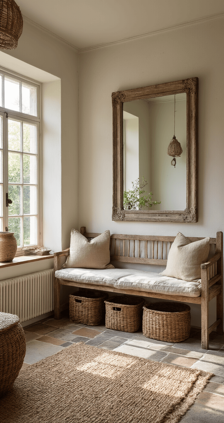 Hal met natuurstenen vloer en vintage loper, oude kapstok van verweerd hout, rieten manden onder een zitbankje, grote wandspiegel met verweerde lijst, in ochtendlicht met doorkijk naar een woonkamer. Sfeer is verwelkomend en authentiek.