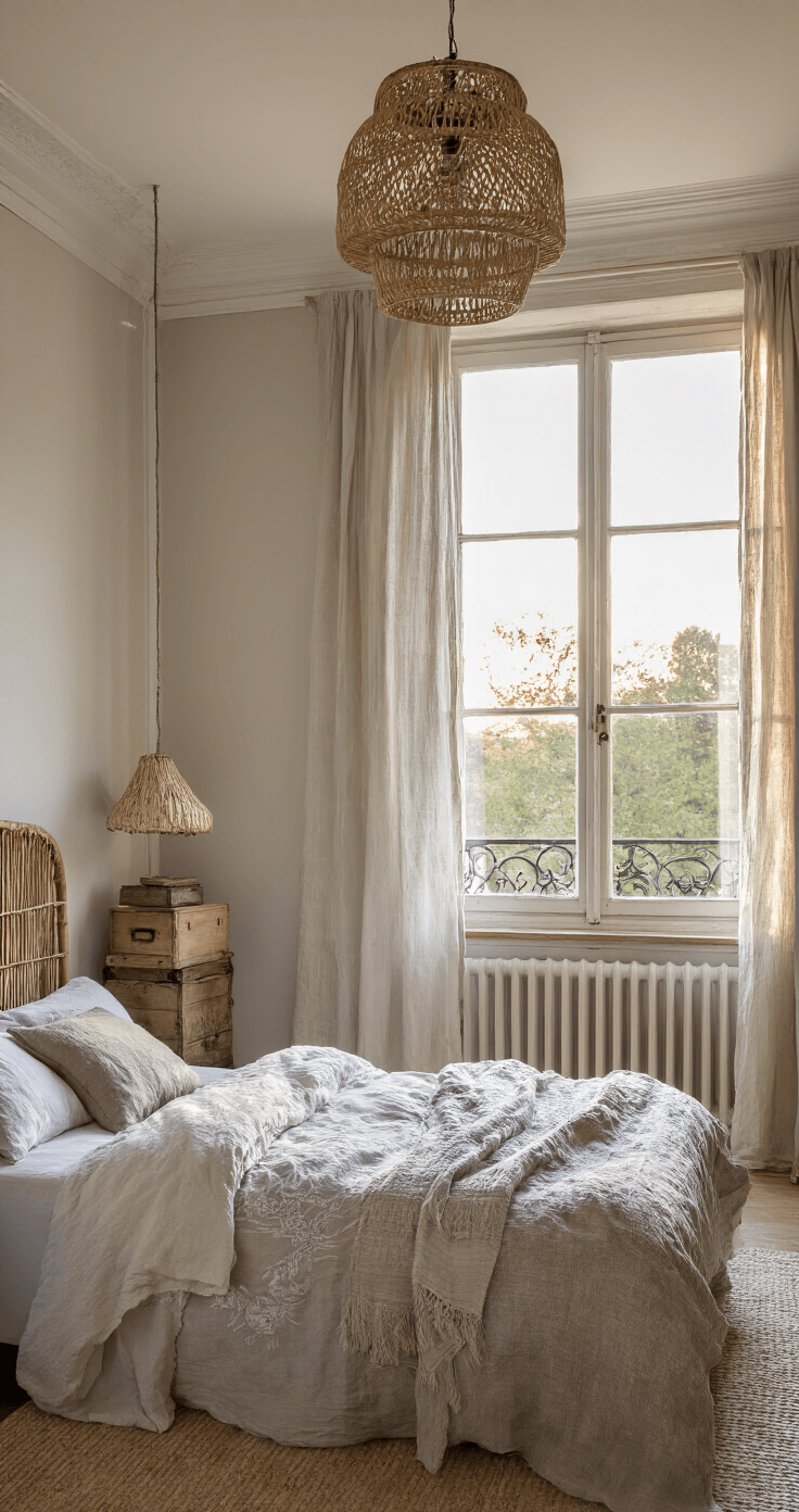 Slaapkamer met verweerd houten bed, nachtkastjes van wijnkisten en vintage sprei in zachtgrijs, verlicht door de zachte ochtendgloed door een Frans balkon met linnen gordijnen. Rotan lampenkappen en een oude koffer voegen decoratieve elementen toe aan de serene, romantische sfeer.