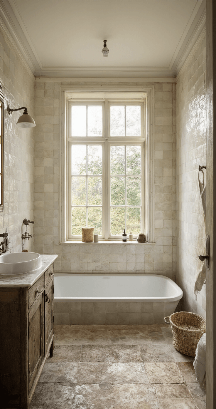 Badkamer met vintage vrijstaand bad, natuurstenen vloer en oude wastafelmeubel met marmeren blad, in diffuus daglicht. De ruimte heeft een spa-achtige sfeer met linnen handdoeken en kranen van verweerd messing. Diagonaal perspectief benadrukt de texturen.