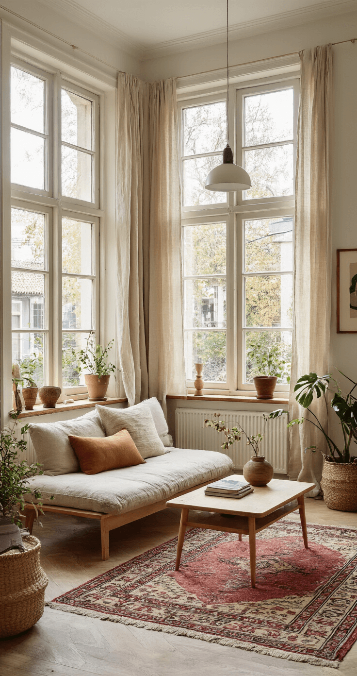 Ruime, lichte woonkamer met grote raampartijen, beige linnen hoekbank, cognackleurige leren accenten, Scandinavisch design salontafel, vintage Perzisch tapijt, wandplanken met ceramiek en kamerplanten, warm kleurenpalet in zandtinten en gebroken wit, natuurlijk daglicht met zachte schaduwen.
