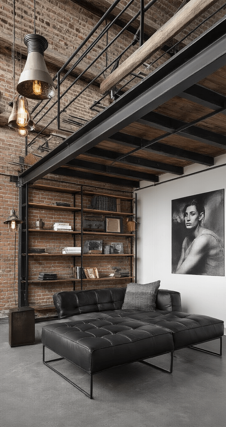 Industriële loft woonkamer met hoge plafonds, bakstenen muur en dimbare vintage hanglampen, donkere betonvloer, modulaire zwarte leren bank, stalen boekenkast met houten planken, zwart metalen bijzettafels en grote zwart-wit fotografie aan de muur, in een kleurenschema van zwart, antraciet en warm wit.