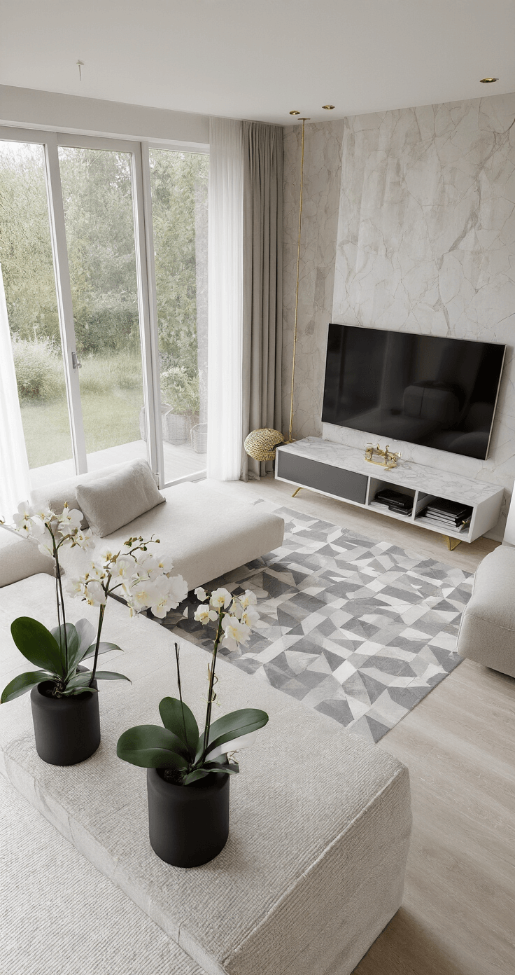 Moderne minimalistische woonkamer met panoramaraam, automatische screens, een zwevend TV-meubel in mat zwart, een Italiaanse designbank in roomwit bouclé, een geometrisch grijs/wit vloerkleed, een marmeren salontafel met gouden onderstel, en orchideeën in matzwarte potten, met een kleurenpalet van wit, goud en grijs.