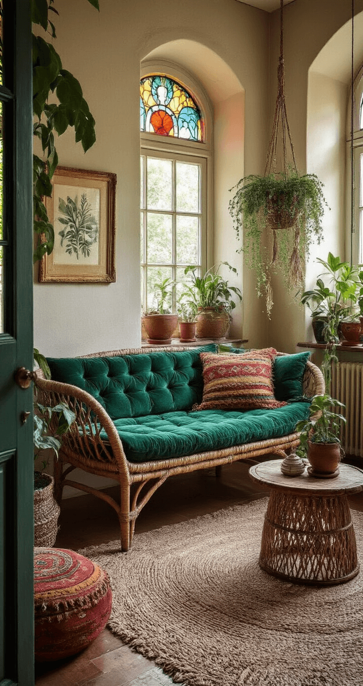 Bohemian woonkamer met authentieke details, vintage fluwelen bank in diep emerald groen, rotan hangstoel met macramé kussen, Marokkaanse poufs, botanische prints in gouden lijsten, en hangende planten in terracotta potten, warm gefilterd licht en focus op texturen.
