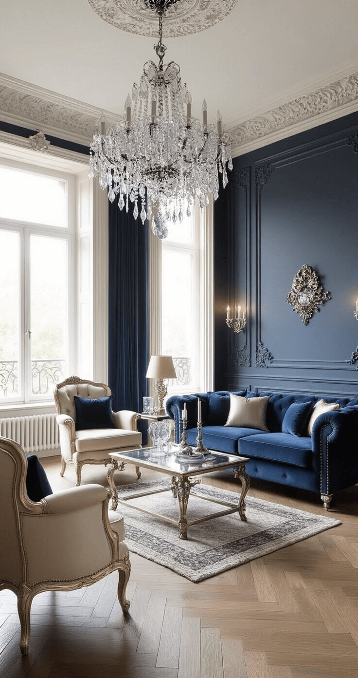 Klassieke luxe woonkamer met een kristallen kroonluchter, een midnight blue velours Chesterfield bank, champagne zijden Empire stijl fauteuils, en een Frans eiken parketvloer in visgraatmotief, vergezeld van verzilverde spiegels en antieke kandelaars, in een symmetrische compositie met dramatische verlichting.