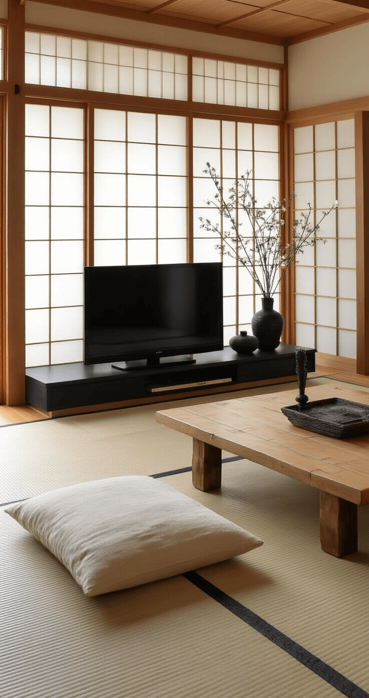Japandi woonkamer met zen uitstraling, ochtendzon door shoji schermen, low profile platform bank in naturel linnen, zwart gelakt TV-meubel met bamboe details, handgeweven tatami mat en ikebana bloemschikking op houten console, met een kleurenpalet van naturel, zwart en wit.