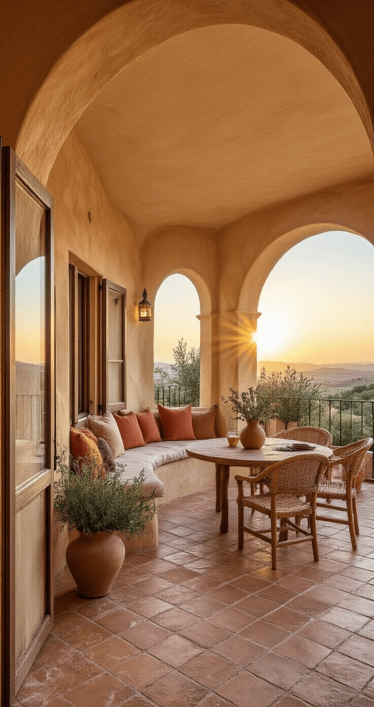 Een mediterrane woonkamer met gewelfde plafonds, verlicht door de zonsondergang door terrasdeuren. Een gebogen bank in terracotta linnen staat tegenover een olijfhouten eettafel met rieten stoelen. De handgemaakte tegelvloer heeft een Portugees patroon en er staan keramische vazen met droogbloemen. Het kleurenpalet bestaat uit terracotta, olijf en zand, wat een warme mediterrane sfeer creëert tijdens het gouden uur.