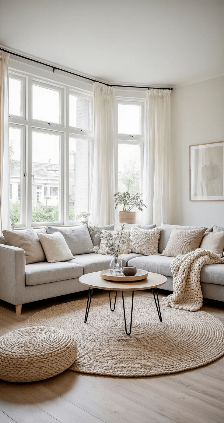 Ruime lichte woonkamer met grote raampartijen, een lichtgrijze bank, eiken salontafel, beige kussens, chunky knit plaid, Scandinavisch vloerkleed, zwarte wandlampen en groenplanten in terracotta potten, verlicht door ochtendlicht.