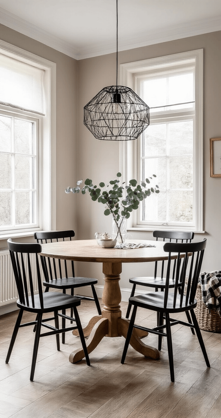 Intieme eethoek in Scandinavische stijl met een ronde eiken eettafel, vier zwarte spijlenstoelen en een geometrische hanglamp, verlicht door middaglicht dat door hoge ramen valt. Marmeren dienblad met eucalyptustakken als centerpiece, witte muren en een warm greige accentmuur. Eiken visgraatvloeren en een rieten mand met een plaid in de hoek.